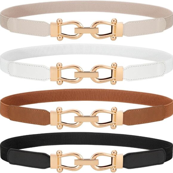 4 Pack Women Skinny Elastic Waist Belt Gold Buckle Stretchy Thin Belt for Jeans